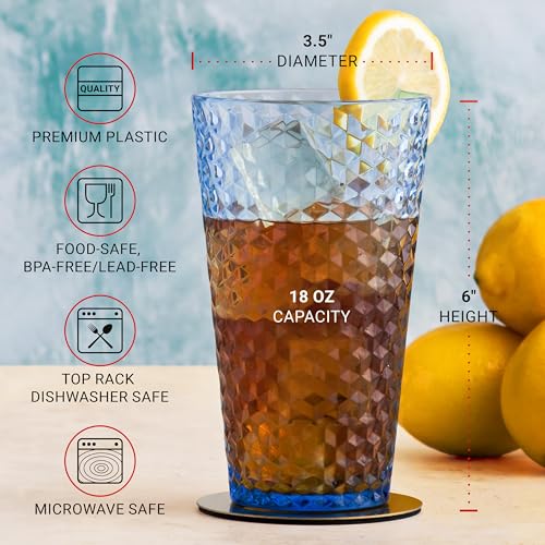 Bravario Laguna Plastic Drinking Glasses, Premium Quality Durable BPA-Free Water Tumblers, Dishwasher-Safe, Stackable Cups in Assorted Colors, 18 oz Set of 6