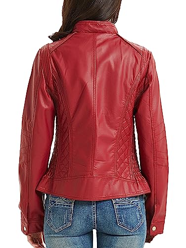 Bellivera Women's Faux Leather Jacket Moto Soft Stand Collar Overcoat 36 Red L #TOP3