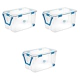 120 Qt Wheeled Gasket Box, Stackable Storage Bin with Latching Lid, Handle and Tight Seal, Plastic Container with Clear Base and Lid, 3-Pack