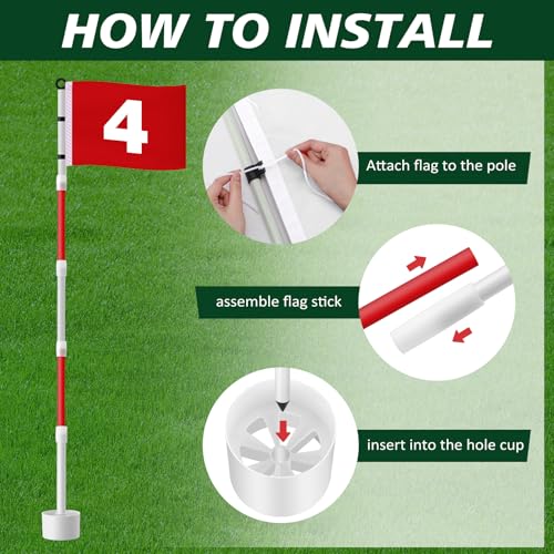 Burbell 4 Pack Golf Flag Stick 6ft Putting Green Flag Golf Hole Cup Pole Pin Numbered Flags for Driving Range Backyard Yard Putting Green and Chipping Greens Gifts(Red,Digital Style 1,4 Pack)
