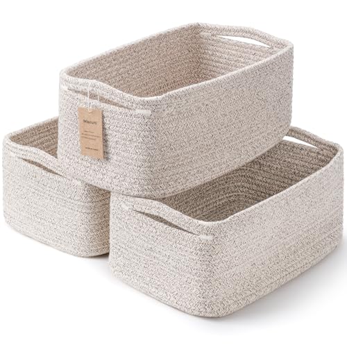 3-Pack Small Storage Baskets for Organizing | Woven Shelf Toy Basket | Rope Baskets for Gifts Empty | Closet Organizer Bins with Handles | Cube Decorative Box | 11.8×7.8×5.1” | Mixed brown
