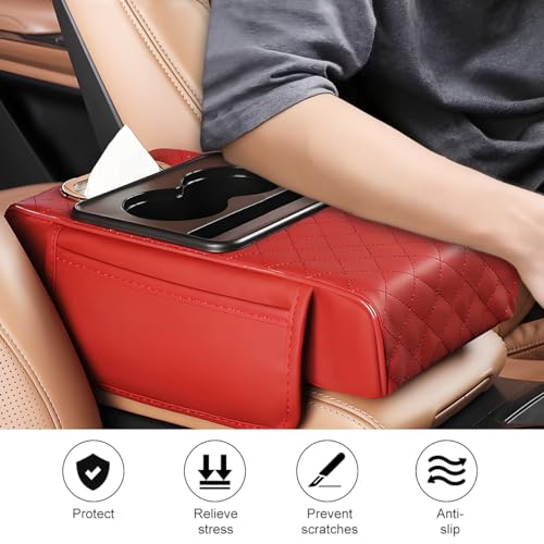 Image of Car Armrest Cushion, 5-in-1 Nappa Leather Vehicle Centre Console Cover with 2 Storage Pockets, Cup Phone & Phone Holder, Multifunctional Auto Organiser Accessories, Universal Fit (Wine Red)