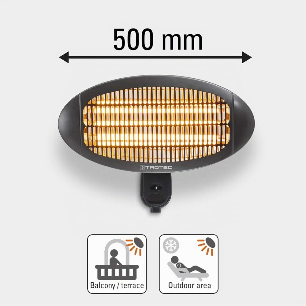 TROTEC Radiador por Infrarrojos IR 2000 S, 2000 W, Protección IP 34, Anti Sobrecalentamiento, Cuarzo | 2000 W, 3 niveles de calor, montaje en pared, trípode opcional, calentador de cuarzo, IP34
