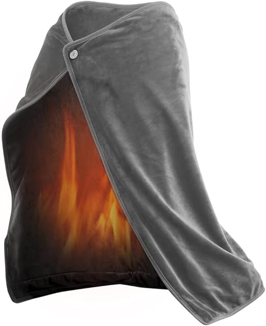 LTGB Electric Heated Wrap Shawl, Electric Heated Throw Thickening USB Heated Wrap Shawl with Buttons Wearable Portable Heating Warming Blanket for Car Office Chair - 100 x 70 cm (Gray)