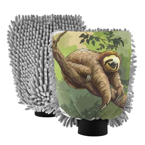 ALAZA Sleeping Sloth Animal Car Wash Mitt Scratch Free, 2 Pack Absorbent Microfiber/Chenille Washing & Drying Mitts, M