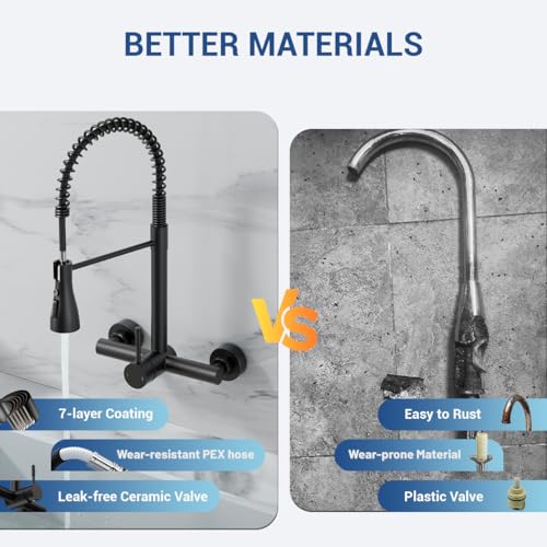 Image of Wall Mount Kitchen Faucet with Pull Down Sprayer 3 Functions, 304 Stainless Steel Wall Mount Faucet 8 Inch Center, Single Handle Kitchen Sink Faucet High Arc 360 Swivel, Matte Black
