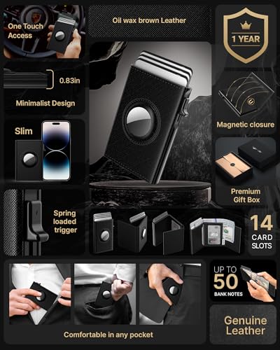 Image of typecase AirTag Wallet for Men: Compatible with Apple AirTag (1st & 2nd Generation), RFID Blocking, Genuine Leather, Slim & Minimalist Design - 14 Card Capacity | ID Window | Cash Slot (Dark Black)
