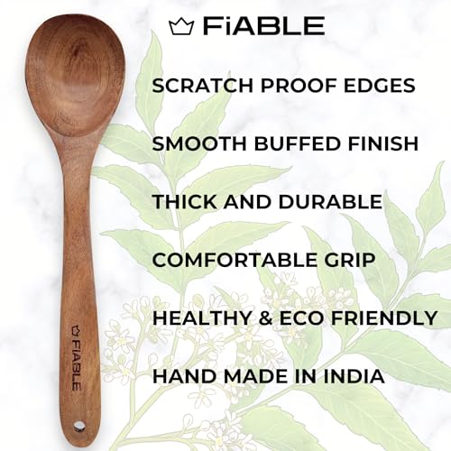 Image of FiABLE Pure Neem Wood Spatula Set for Cooking, Baking and Mixing - No Harmful Polish, Naturally Antimicrobial and Non-Stick - Turner, Spoon, Serving Spoon - Set of 3
