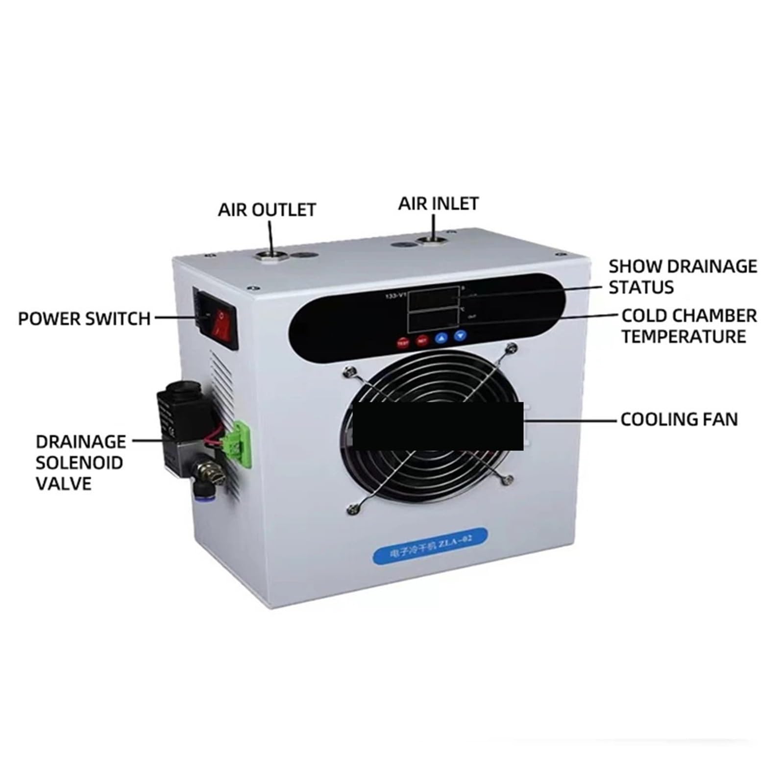 Secador de aire comprimido con compresor 120 l/min, filtro deshidratador por congelación, cámara oxígeno y 02 Instrumento de medición