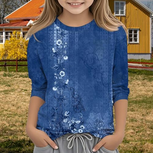 Girls Summer 3/4 Length Sleeve Tops Crew Neck Shirt Casual Floral Graphic Tee Toddler Soft Loose Fit Blouse Kids Clothes4