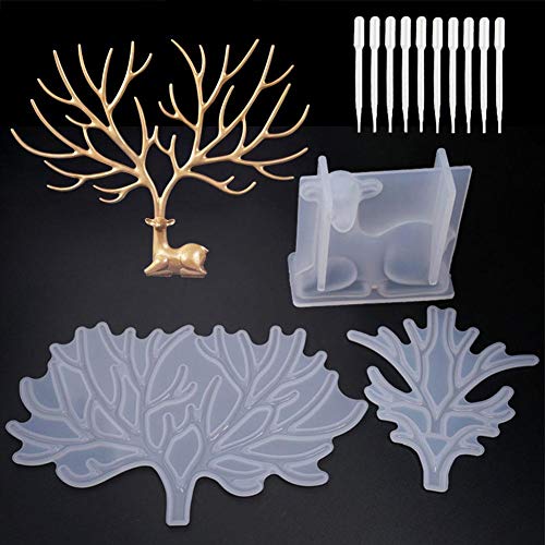 JuanYa Epoxidharz-Formen mit 10 Kunststoff-Transferpipetten, 3 Hirschständer und Rehgeweih, Silikon-Formen-Set zum Aufhängen von Ohrringen, Schmuck-Organizer
