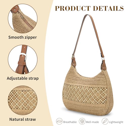 MICOM Shoulder Bag-Straw Tote Bag for Women,Woven Shoulder Bag,Beach Handbag with Adjustable PU Strap,Soft Summer Beach Handbag with Zipper4