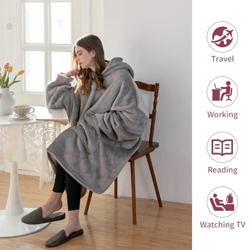 Good Nite Decke mit Ärmeln für Frauen und Männer Sherpa kuscheldecke Tragbare Decken Adult Cosy Sweater Tragbare Warm Decken Übergroßer hoodie mit Taschen Grau (80x85cm)