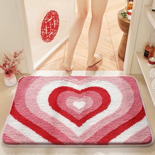 玄関マット 室内 おしゃれ 北欧 ドアマット バスマット 足拭きマット 家庭用 ふわふわ 柔らか 花嫁 結婚式 風水 恋愛運 インテリア 滑り止め 吸水 洗える 速乾 抗菌防臭 耐磨耗性 (ピンク+レッド+ホワイト, 50×80cm)