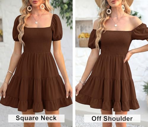 Image of Veatzaer Women's Puff Sleeve Square Neck Smocked Babydoll Dress Boho Floral Print Off Shoulder Ruffle Mini Short Dress