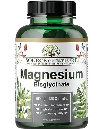 Magnesio Bisglicinato 770 mg | 100 mg Elemental por Cápsula | 180 Cápsulas Veganas | Alta Biodisponibilidad | Suave para el Estómago | Sin Efecto Laxante | Source of Nature