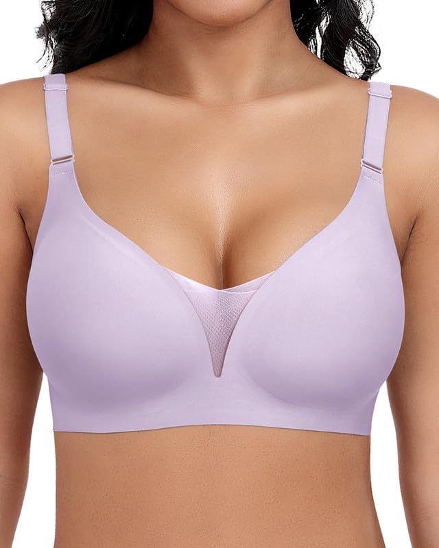 Jiuday Damen BH ohne Bügel Große Brüste Starker Halt Seamless Bequem Soft Nahtloser Bügelloser Push Up T Shirt Bra Gepolstert Mesh Bralette (Violett,2XL)