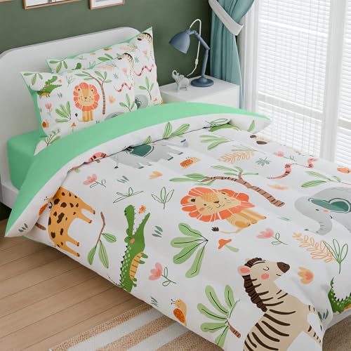 Image of Jungle Animal Kids Bedding Set for Boys Girls, Ultra Soft Microfiber Comforter Set Full Size 4-Pieces, Comforters Bed Sets for Kid Tween Teen Bedroom Decor