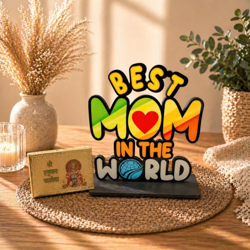Image of Mothers Day Combo Gift Best Mom in the World Wooden Table Decor & Gold Plated Hanuman Chalisa | Best Gift for Mother Maa | Religious & Modern