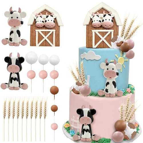 22 piezas de decoración para tartas de vaca de granja para baby shower, temática de vaca, suministros de decoración de fiesta de cumpleaños para niñas y niños