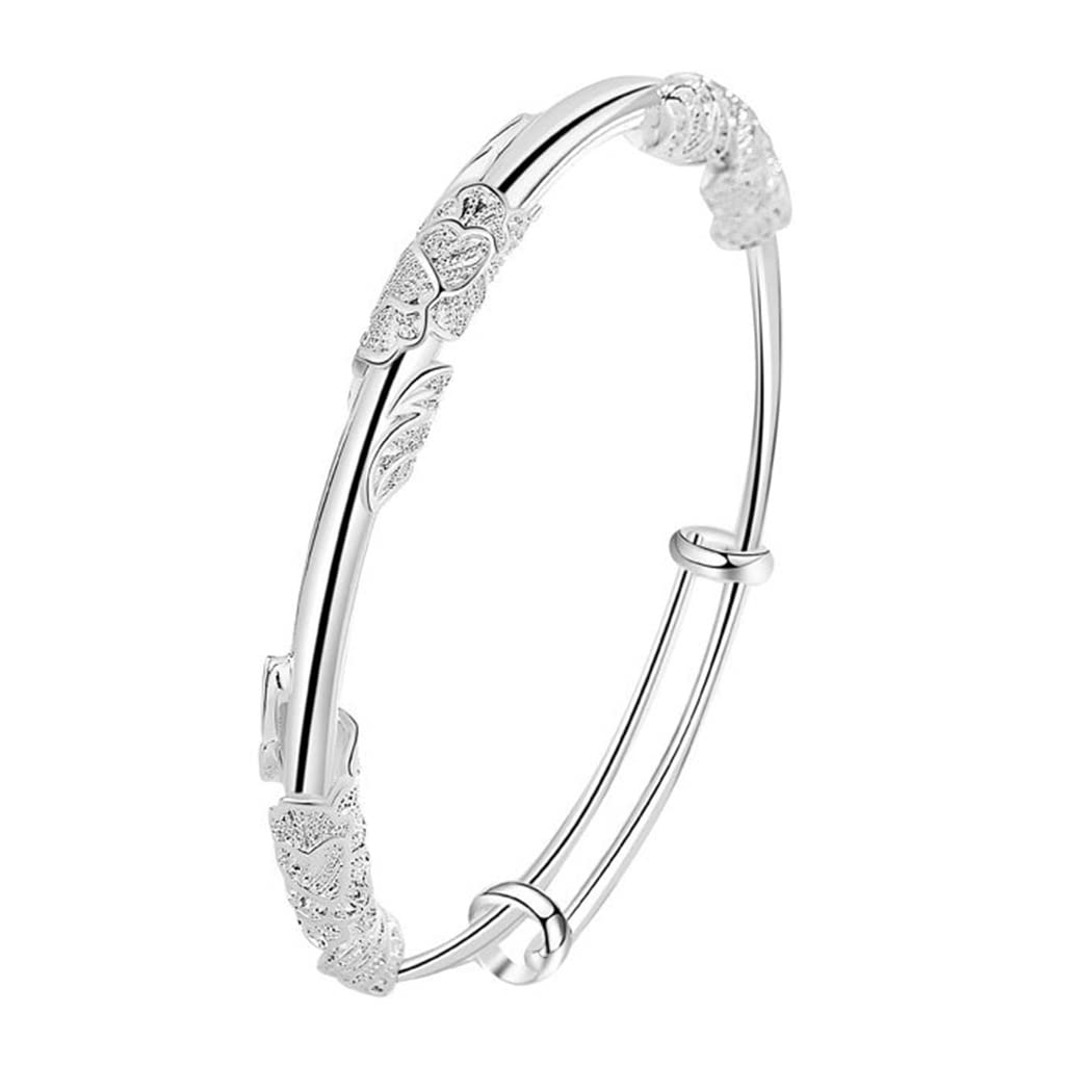 LUTAKU925 Silver Flower Lotus Bangles Bracelets for Women Girls Adjustable Bracelet Jewelry Friendship Gift