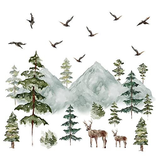 Image of Mountain Wall Decals Large Pine Tree Wall Decals Peel and Stick Forest Tree Deer Birds Woodland Animal Wall Decals Mountain Tree Wall Stickers for Kids Room Nursery Decor