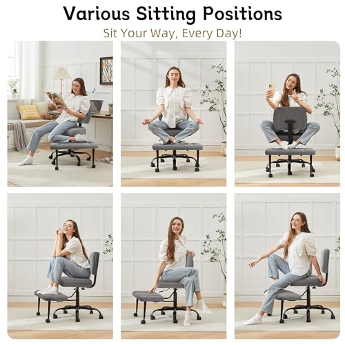 Image of Criss Cross Legged Office Chair with Wheels,Swivel Meditation Chair for ADHD,Ergonomic Desk Chair with Thicken Adjustable Footstool,Fabric Sitting Fidgeting Kneeling Chair for Home Yoga Grey