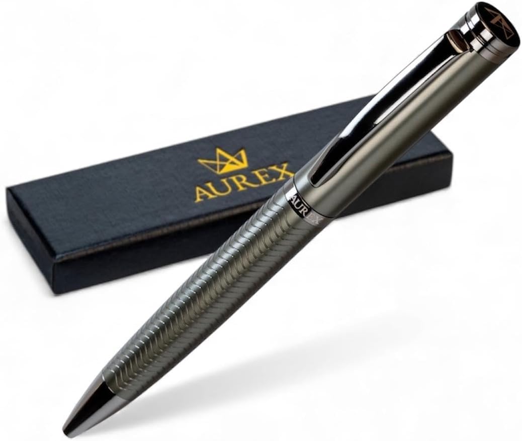AUREX Luxury Dark Ballpoint Pen – Metal Retractable Pen with Twist Mechanism, Wave Body Design, Gift Box & Blue + Black Ink – Professional Writing Instrument