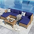 Sophia and William 5-Piece Wicker Patio Furniture Set, L-Shaped Outdoor Sectional Sofas with Ottoman and Acacia Wood Coffee Table, Rattan Conversation Set wtih Cushions, Blue