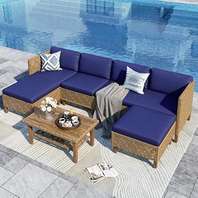 Sophia and William 5-Piece Wicker Patio Furniture Set, L-Shaped Outdoor Sectional Sofas with Ottoman and Acacia Wood Coffee Table, Rattan Conversation Set wtih Cushions, Blue