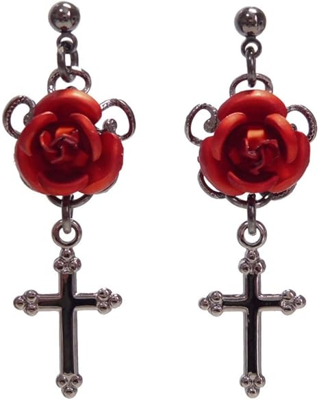 Amazon 薔薇 バラ ばら ローズ 十字架 クロス 赤 レッド ピアス ゴシック ゴスロリ パンク ｖ系アクセサリー レディース 和ゴス コスプレ ハロウィン メンズ 和風 仮装 ライブ コスプレ 仮装 通販