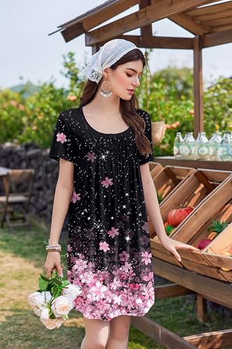 Image of Ekouaer Nightgowns for Women Pleated Sleep Shirts Short Sleeve Night Shirts Lace Trim Night Gown Ladies Sleep Dress