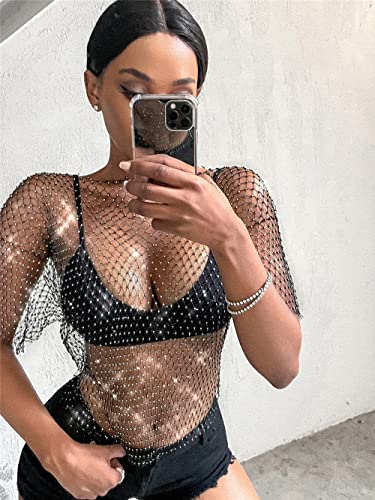 Formery Mesh Rhinestone Cover Ups Black Crewneck See Through Coverup Top Music Festival Party Cover Ups Body Chain for Women3