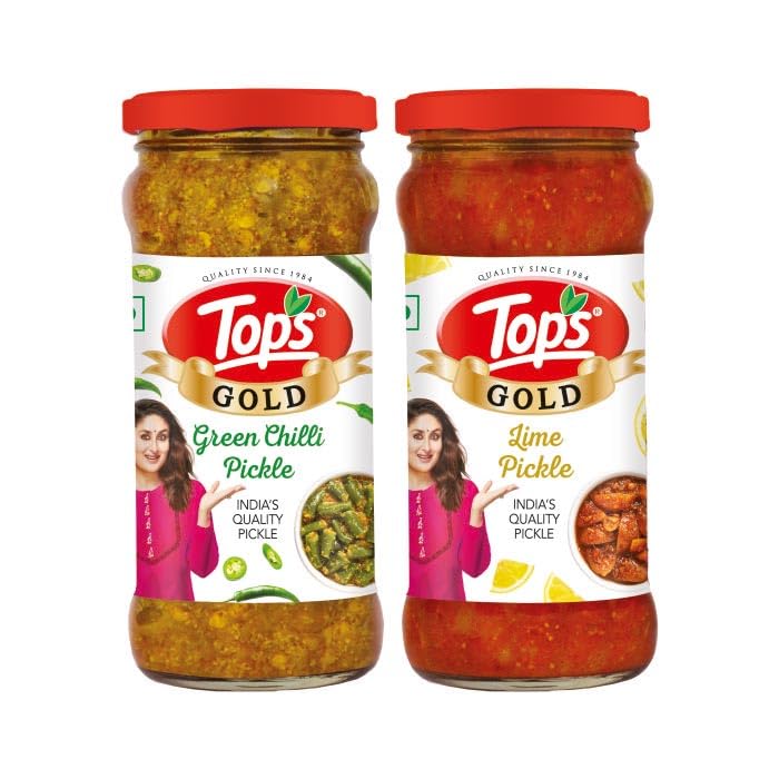 Image of TOPS Gold Pickle Lime 375 gm + Gold Pickle Green Chilli 375 gm (Combo) | Prepared with the goodness of Mustard Oil