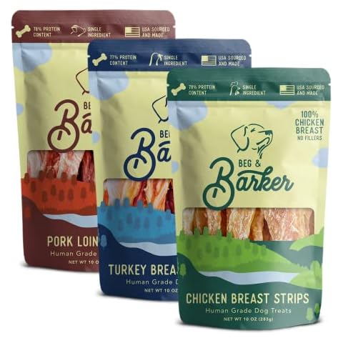 Beg & Barker Chicken, Pork, & Turkey Jerky for Dogs (10 oz, Pack of 3) - Dog Training Treats - Natural Dog Treats Made in The USA - Grain Free, Diabetic-Friendly, High Protein, Sugar-Free Cover