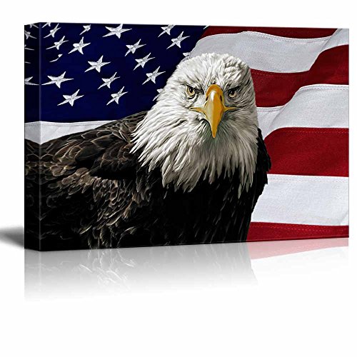 Majestic Bald Eagle Against a Photo of an American Flag Patriotic Style - Canvas Art Wall Decor - 16" x 24"