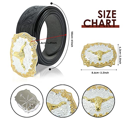 URAMAN Black Western Belts for Men Cowboy Buckle Rodeo Floral Engraved Leather Belt for Jeans Pans2