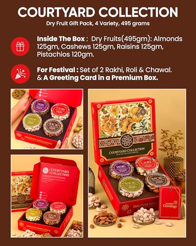 Image of Hyperfoods Rakhi with Dry Fruit Gift for Brother DryFruits Gift Pack 495g RawFruit Courtyard Collection Pack of 4 Dry Fruits Gift Box Rakhi Set of 2 Dry Fruits Hamper Rakhi Gift Hamper for Brother