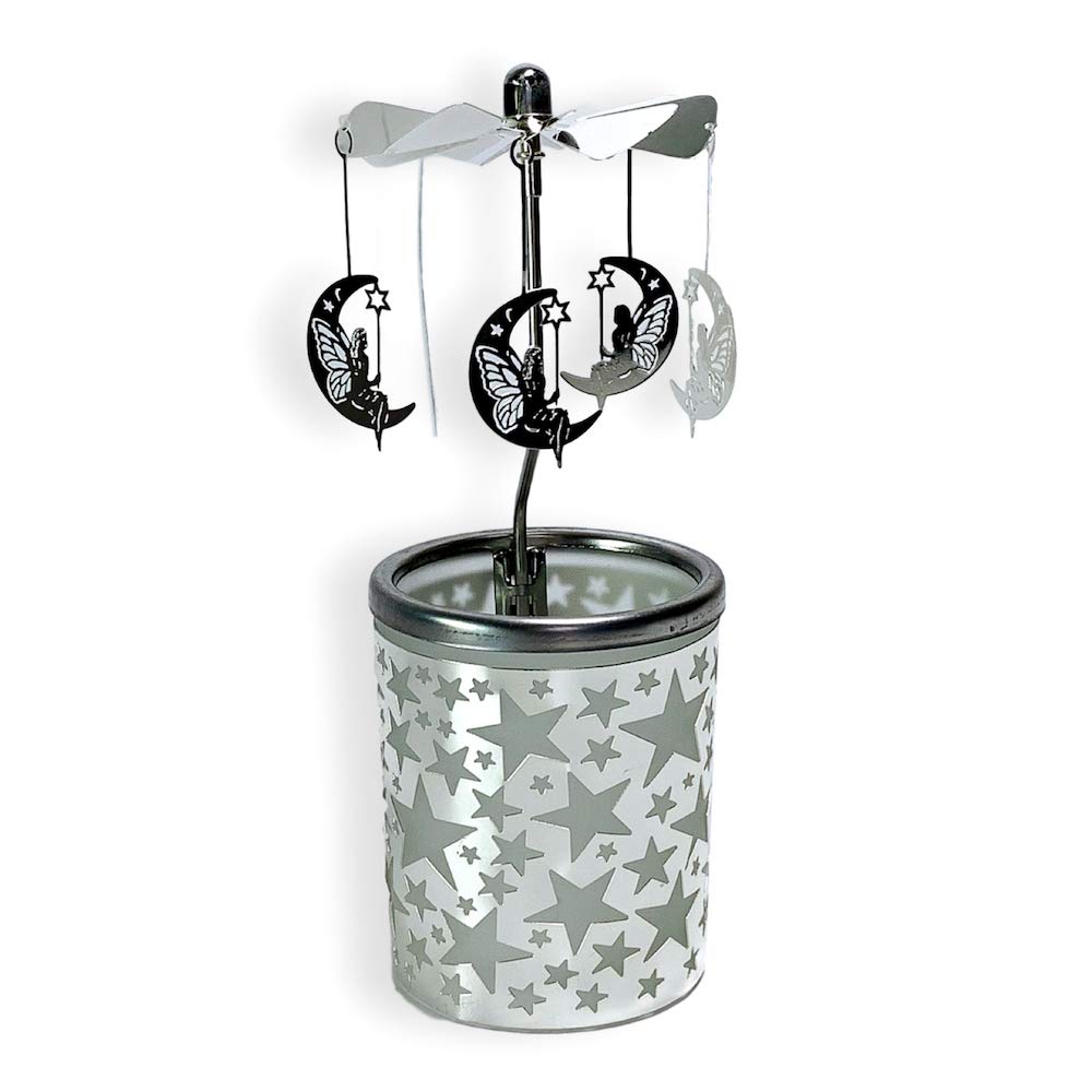 Moon and Stars Spinning Lighted Candle Holder - Silver Metal Rotating Spinning Moon Stars and Fairies - Candlespinner with Tealight - Scandinavian Designs - 6.25" H