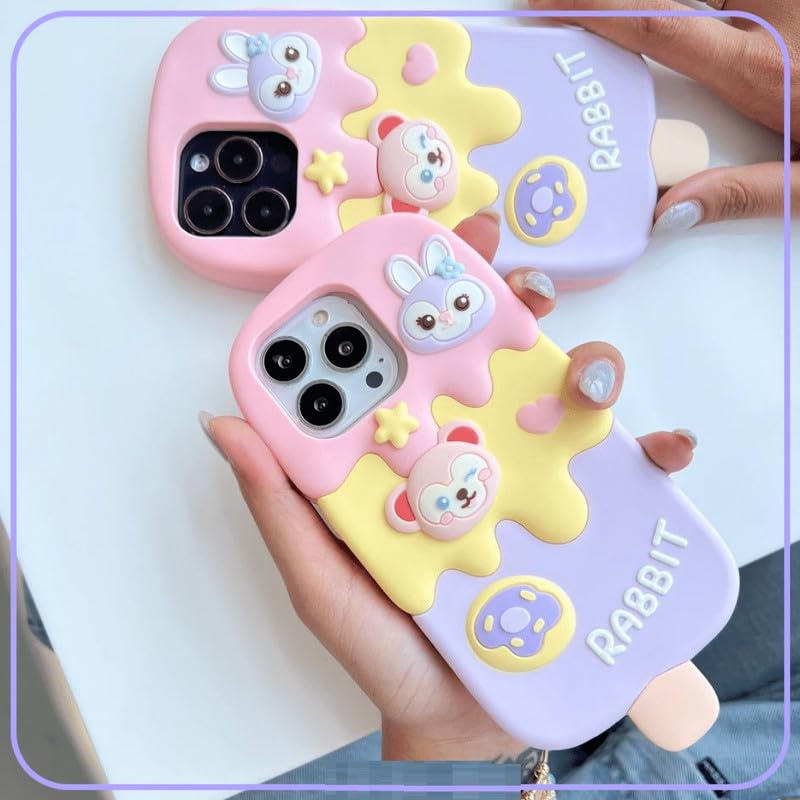 Image of COVERLY for iPhone 15 Pro Max 3D Ice Candy Rabbit Cartoon Case,Premium Silicone Case Ice Cream Duffy Bear Toy Adorable Dream Full Protective Cute Kawaii Aesthetic Cover for Apple iPhone 15 Pro Max