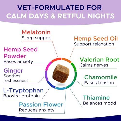 Image of Advanced Calming Chews for Dogs - Hemp Treat + Melatonin + Valerian - Relaxing Bites - Calming Care - Stress Relief - Made in USA - Calm, Sleep Aid, Storms - 60Ct