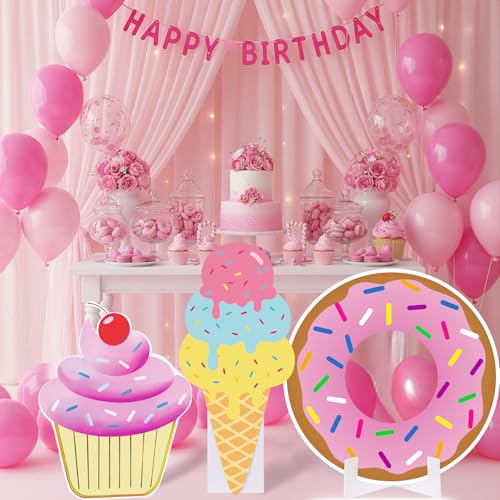Image of 3 Pcs Sweet One Birthday Party Decorations Set, Donut Ice Cream Cupcake Standee with Sturdy Bases for Candy Birthday Baby Shower Photo Booth Props Indoor Outdoor