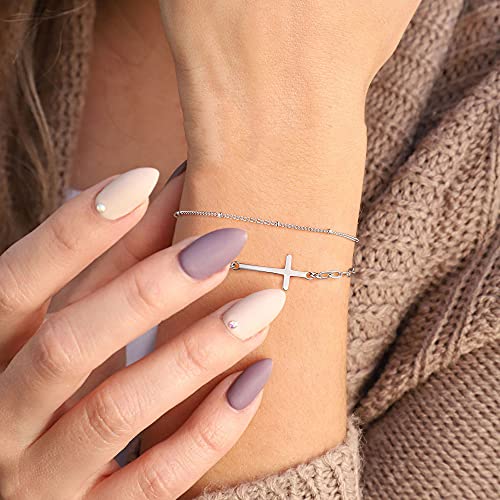 Turandoss Dainty Layered Bracelets For Women, 14K White Gold Filled Adjustable Layered Bead Chain Paperclip Link Chain Cross Bracelet Handmade Gold Bracelets For Women Jewelry thumb #3