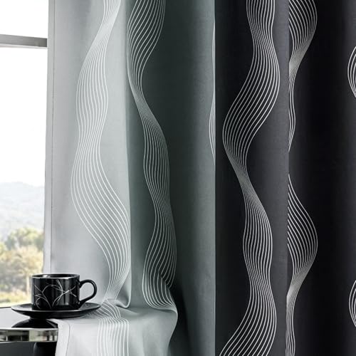 Image of MYSKY HOME Black and Greyish White 95% Blackout Ombre Patterned Curtains 63 inch Length 2 Panels for Bedroom Thermal Insulated Energy Saving Wave Line Foil Print Design Grommet Drapes, 52 inch W