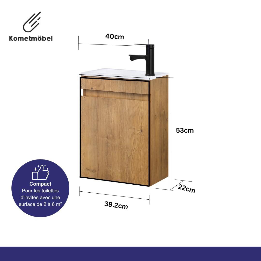 Meuble Lave Mains WC Meuble lavabo 40cm déjà monté (Chêne 40cm, sans Mitigeur)
