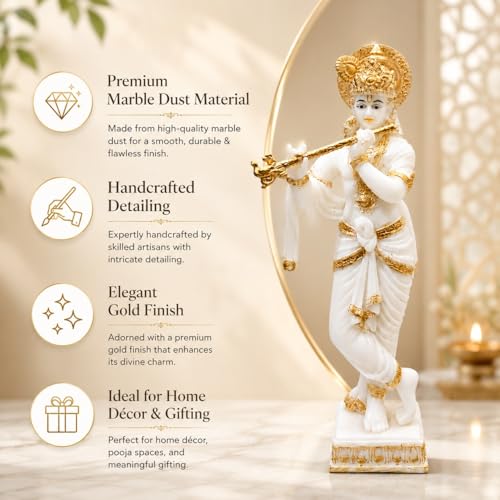 Image of ARMONIA Lord Krishna Idol Marble Dust Statue Murti |Krishana Sculpture for Home Decor,Pooja ghar,Mandir & Gifting Item |Best Gift for Wedding & Housewarming(14.9inch,White) (Include Microfiber Cloth)