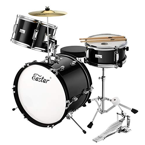 Eastar Kids Drum Set 16 inch 3-Piece, Junior Drum Kit for ages 9-12 with Throne, Cymbal, Pedal & Drumsticks, Mirror Black (EDS-285B)