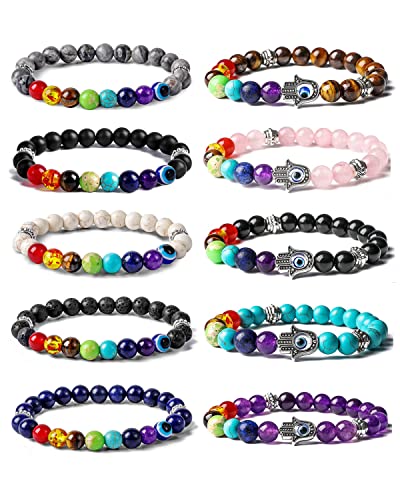 Image of BOMAIL 10Pcs Evil Eye Charm Bracelets-7 Chakras Gemstone Lava Stone Hamsa Hand of Fatima Turkish Evil Eye Lucky Bracelet for Protection and Blessing for Women