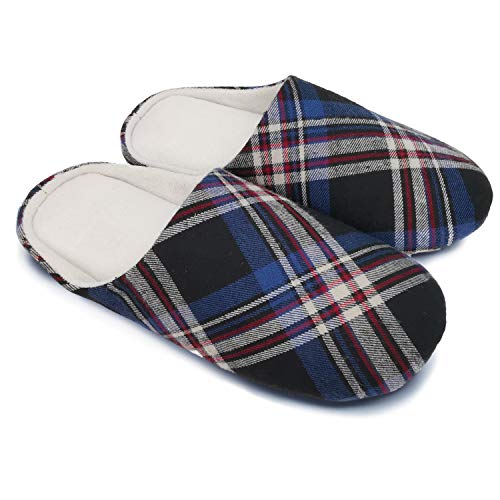 ofoot Mens & Womens Cotton Memory Foam House Slippers Bedroom Slip On Shoes Tartan Plaid Retro Style Anti Skid Rubber Outsole