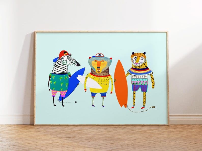 Nationcog Surfing Friends Art Print, Kids Wall Art, Children's Surf Decor, Cool Trendy Gift For...